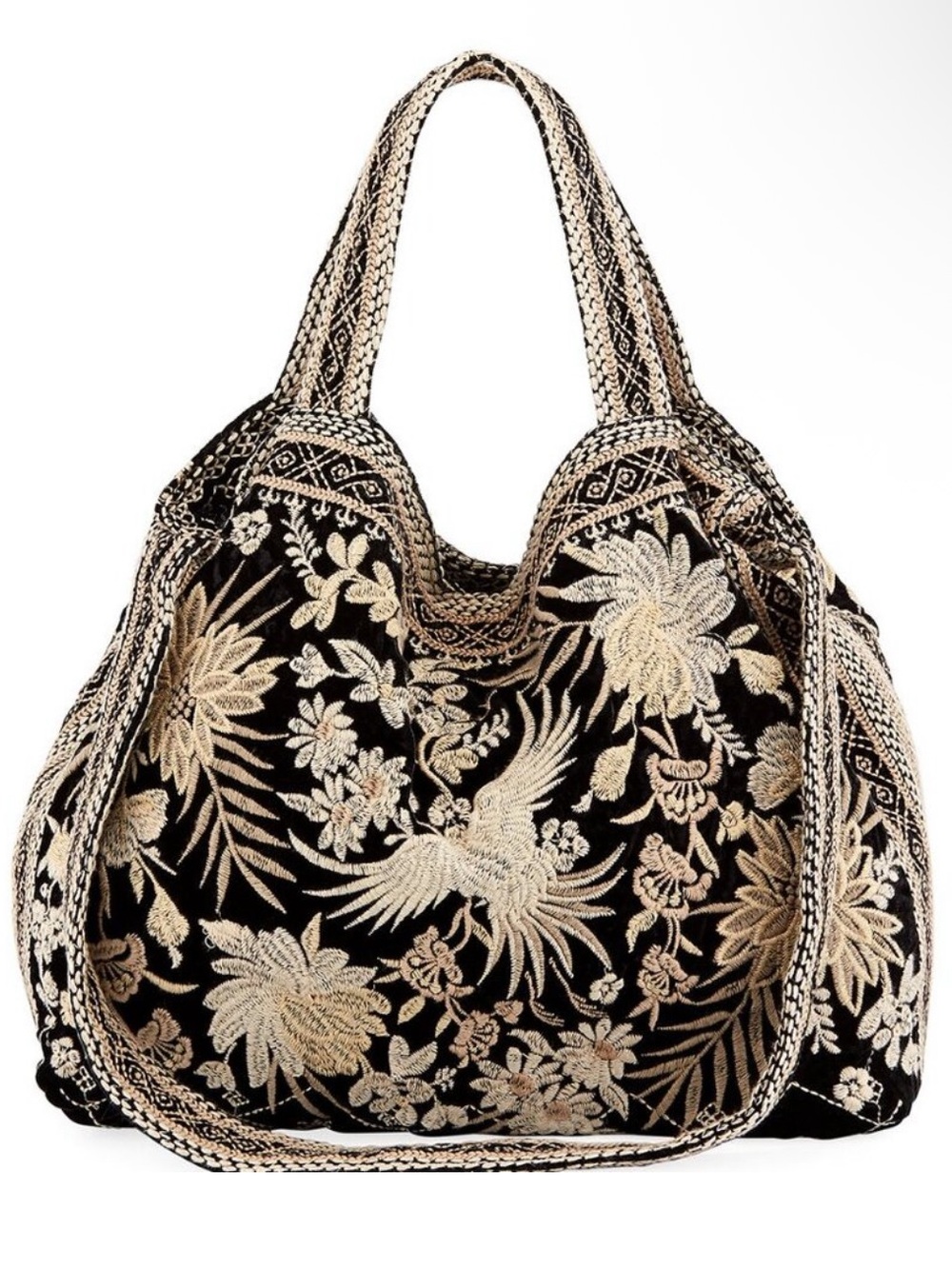 Johnny Was Othilia Black and Cream Floral Velvet Tote
